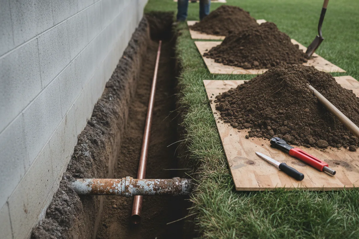 Excavated water line trench during Water Softener Installation in Napoleonville